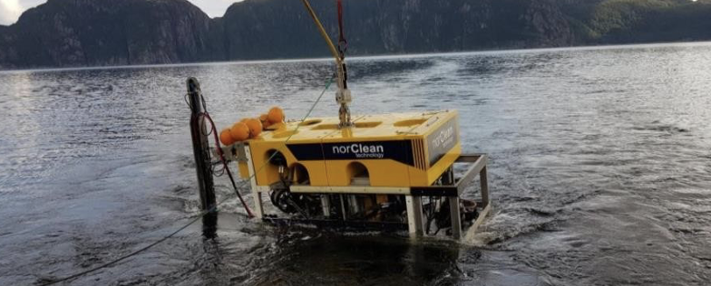 NorClean ROV being deployed during the Marine Harvest operation in Flekkefjord in 2018
